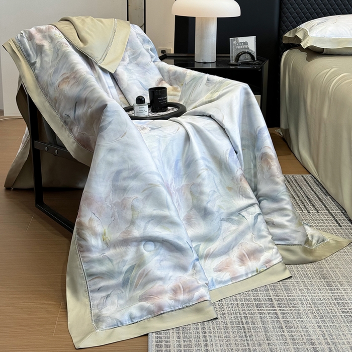 91家纺网 家纺一手货源 找家纺 若未家居 LOVEWE HOUSE 2025新款兰精天丝印花夏被及夏被四件套 粉墨华羽（床单款+床盖款）