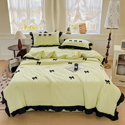 91家纺网 家纺一手货源 找家纺 梦之岛 2025新款韩版小泡泡水洗棉毛巾绣四件套-蝶梦 蝶梦蝴蝶结-绿