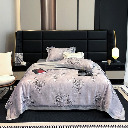 91家纺网 家纺一手货源 找家纺 若未家居 LOVEWE HOUSE 2025新款兰精天丝印花夏被及夏被四件套 叶罗丽玫瑰 灰（床单款+床盖款）