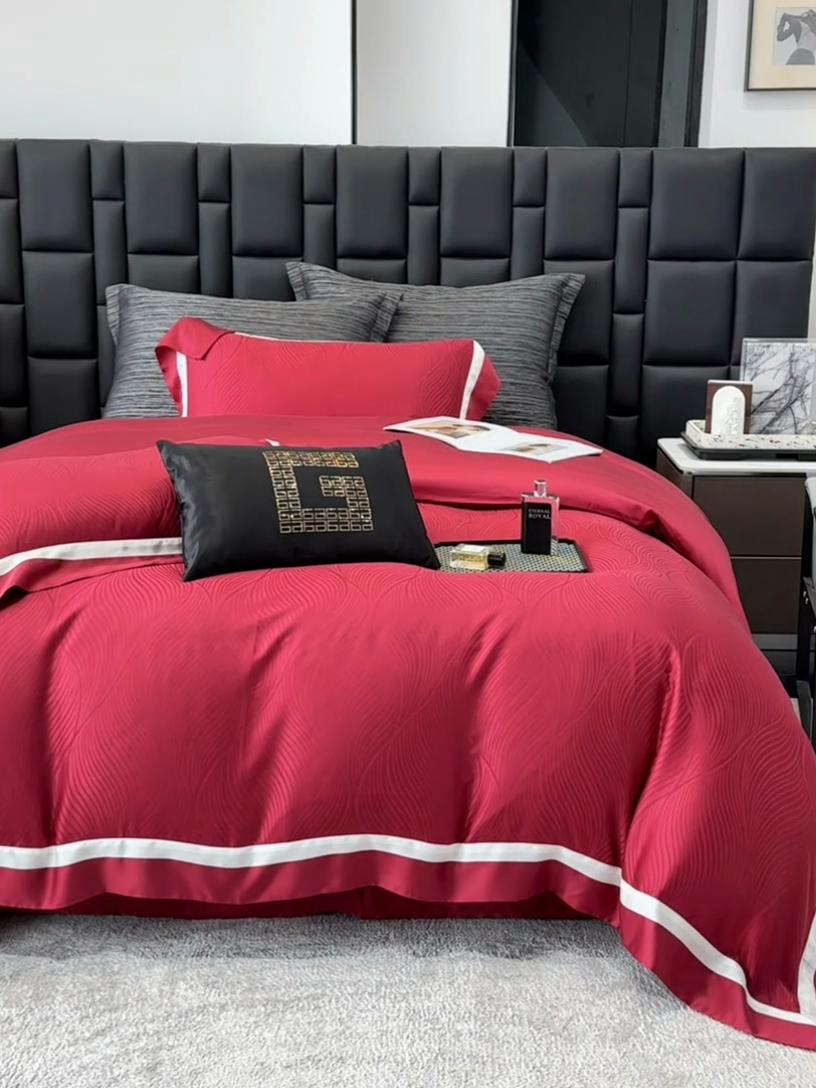 91家纺网 家纺一手货源 找家纺 若未家居 LOVEWE HOUSE 2025新款天丝提花套件撞色轻奢风四件套-天丝布拉格 天丝布拉格 贵族红