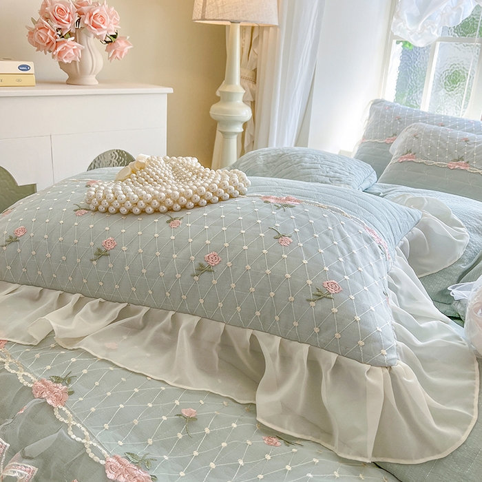 91家纺网 家纺一手货源 找家纺 网红馆（ck家纺） 2025新款优舒棉蕾丝花边床裙四件套-玛格丽 水绿