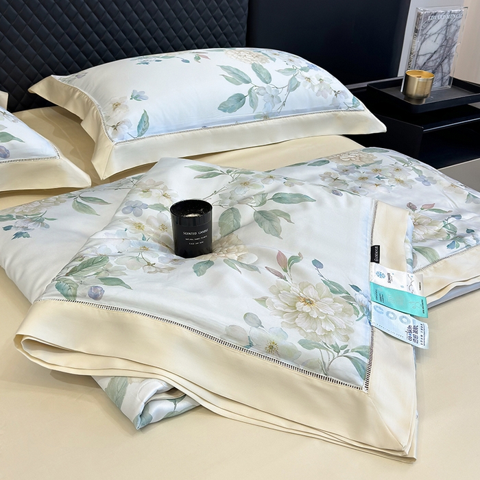 91家纺网 家纺一手货源 找家纺 若未家居 LOVEWE HOUSE 2025新款兰精天丝印花夏被及夏被四件套 白茶（床单款+床盖款）