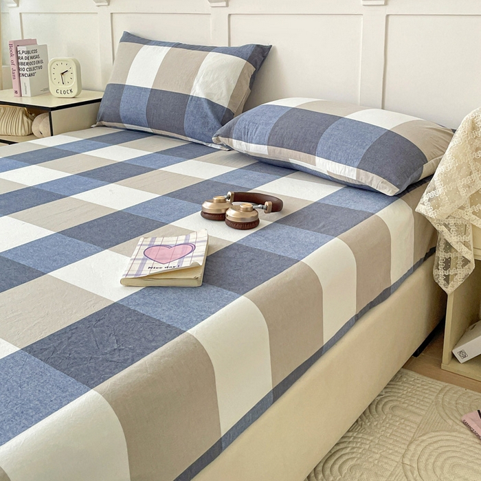 91家纺网 家纺一手货源 找家纺 2025新款全棉水洗棉套件-单床笠 蓝大格