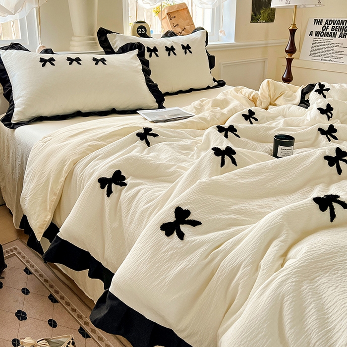 91家纺网 家纺一手货源 找家纺 梦之岛 2025新款韩版小泡泡水洗棉毛巾绣四件套-蝶梦 蝶梦蝴蝶结-奶白