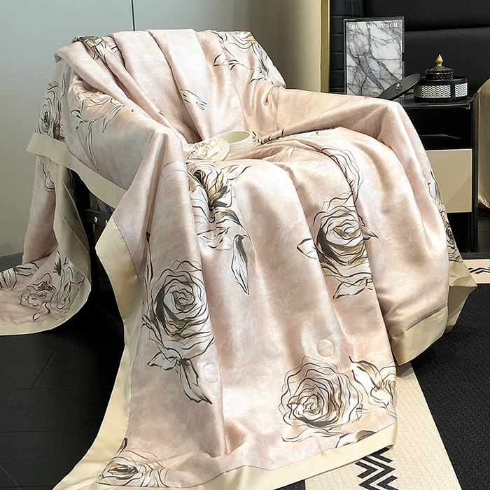 91家纺网 家纺一手货源 找家纺 若未家居 LOVEWE HOUSE 2025新款兰精天丝印花夏被及夏被四件套 叶罗丽玫瑰 米（床单款+床盖款）