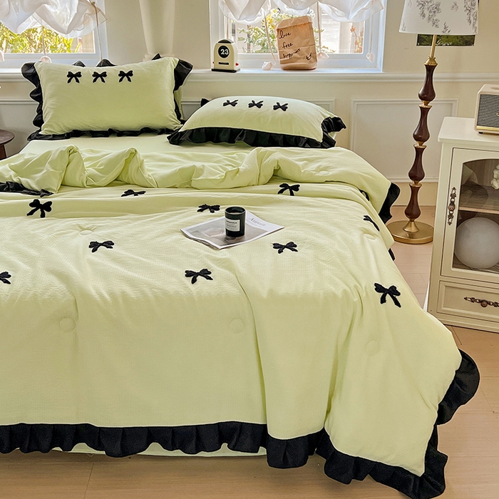 91家纺网 家纺一手货源 找家纺 梦之岛 2025新款韩版小泡泡水洗棉毛巾绣四件套-蝶梦 蝶梦蝴蝶结-绿