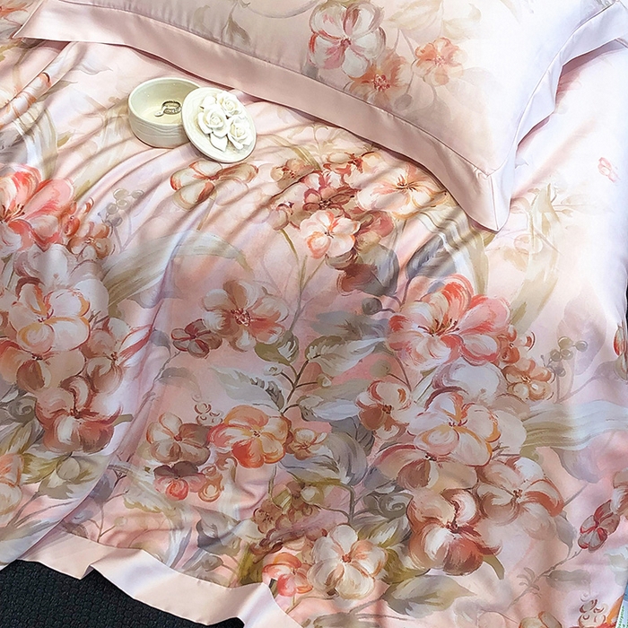 91家纺网 家纺一手货源 找家纺 若未家居 LOVEWE HOUSE 2025新款兰精天丝印花夏被及夏被四件套 花西子 粉（床单款+床盖款）
