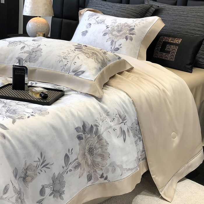 91家纺网 家纺一手货源 找家纺 若未家居 LOVEWE HOUSE 2025新款兰精天丝印花夏被及夏被四件套 芍药连枝（床单款+床盖款）