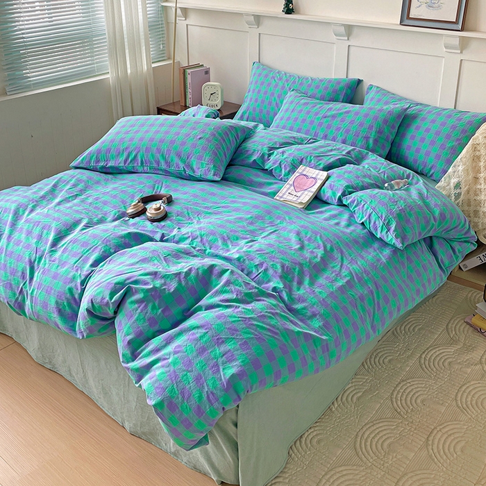 91家纺网 家纺一手货源 找家纺 大柏树 2025新款全棉水洗棉套件-床单四件套 绿紫中格