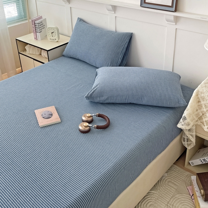 91家纺网 家纺一手货源 找家纺 2025新款全棉水洗棉套件-单床笠 蓝细条