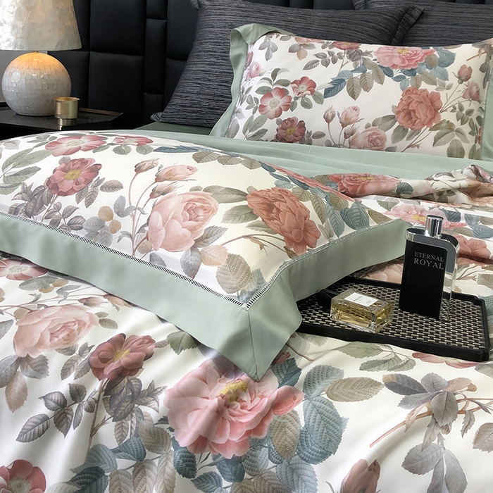 91家纺网 家纺一手货源 找家纺 若未家居 LOVEWE HOUSE 2025新款兰精天丝印花夏被及夏被四件套 玫瑰冰酿（床单款+床盖款）