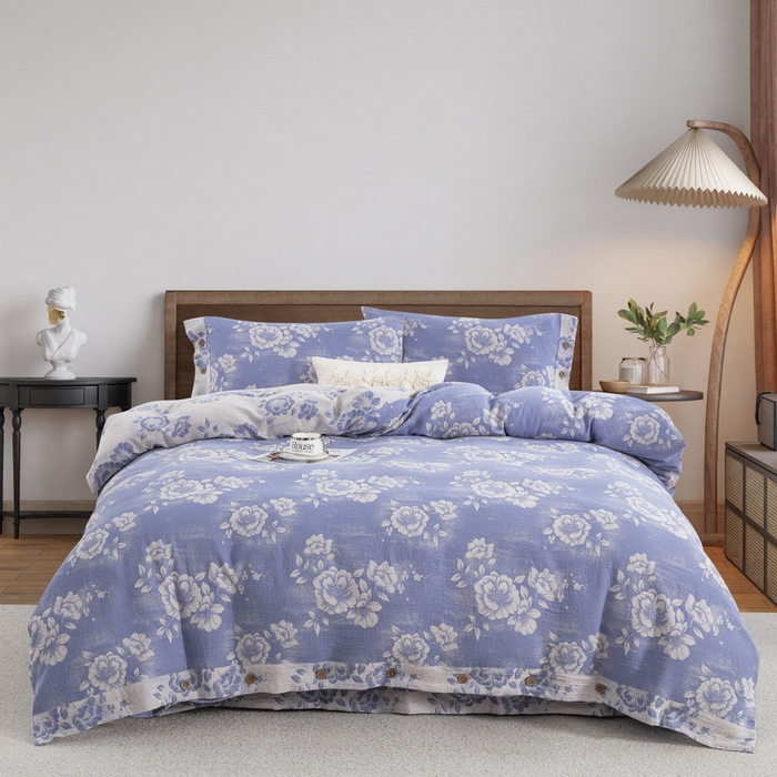 91家纺网 家纺一手货源 找家纺 2025新款全棉色织双层纱纽扣款四件套 云纱-浅兰