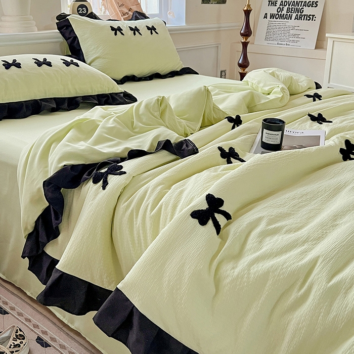 91家纺网 家纺一手货源 找家纺 梦之岛 2025新款韩版小泡泡水洗棉毛巾绣四件套-蝶梦 蝶梦蝴蝶结-绿