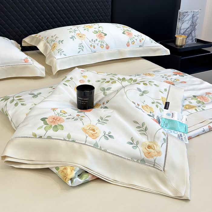 91家纺网 家纺一手货源 找家纺 若未家居 LOVEWE HOUSE 2025新款兰精天丝印花夏被及夏被四件套 奶酪玫瑰（床单款+床盖款）