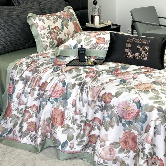 91家纺网 家纺一手货源 找家纺 若未家居 LOVEWE HOUSE 2025新款兰精天丝印花夏被及夏被四件套 玫瑰冰酿（床单款+床盖款）