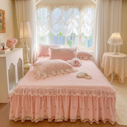91家纺网 家纺一手货源 找家纺 网红馆（ck家纺） 2025新款优舒棉蕾丝花边床裙四件套-玛格丽 樱花粉