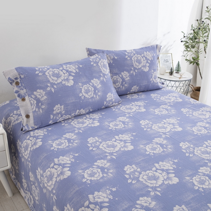 91家纺网 家纺一手货源 找家纺 2025新款全棉色织双层纱纽扣款四件套 云纱-浅兰