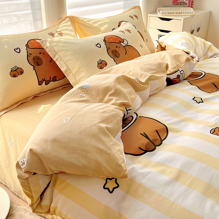 91家纺网 家纺一手货源 找家纺 2025新款原创设计卡皮巴拉全棉四件套-有作品登记证书 条纹巴拉