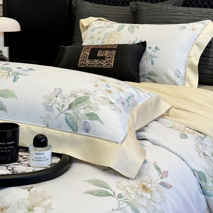 91家纺网 家纺一手货源 找家纺 若未家居 LOVEWE HOUSE 2025新款兰精天丝印花夏被及夏被四件套 白茶（床单款+床盖款）