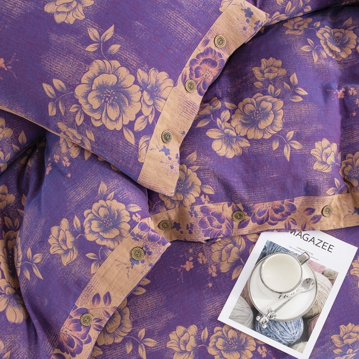 91家纺网 家纺一手货源 找家纺 2025新款全棉色织双层纱纽扣款四件套 云纱-紫罗兰