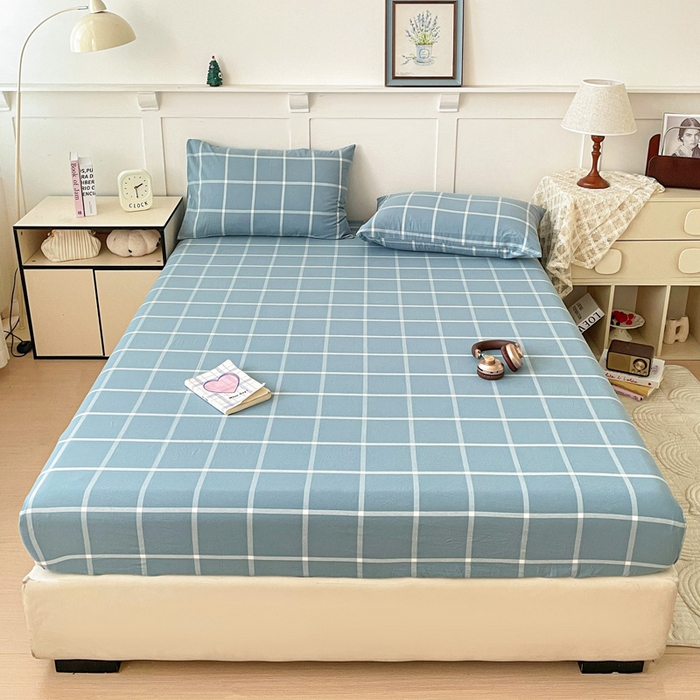 91家纺网 家纺一手货源 找家纺 2025新款全棉水洗棉套件-单床笠 蓝灰中格