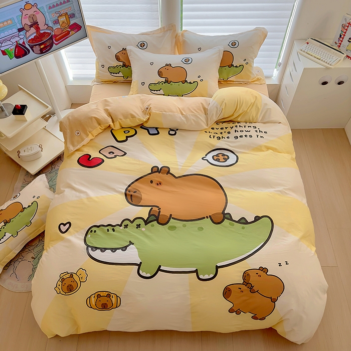 91家纺网 家纺一手货源 找家纺 2025新款原创设计卡皮巴拉全棉四件套-有作品登记证书 趴趴巴拉