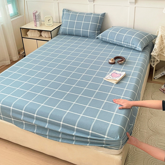 91家纺网 家纺一手货源 找家纺 2025新款全棉水洗棉套件-单床笠 蓝灰中格