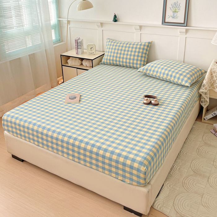 91家纺网 家纺一手货源 找家纺 2025新款全棉水洗棉套件-单床笠 蓝黄三分格