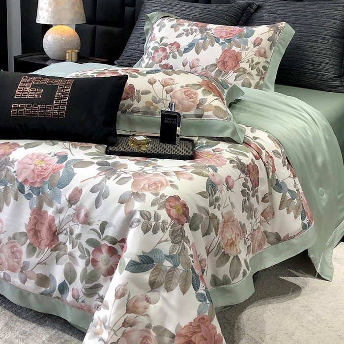 91家纺网 家纺一手货源 找家纺 若未家居 LOVEWE HOUSE 2025新款兰精天丝印花夏被及夏被四件套 玫瑰冰酿（床单款+床盖款）