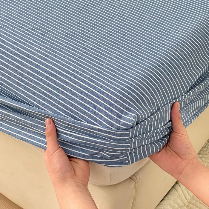 91家纺网 家纺一手货源 找家纺 2025新款全棉水洗棉套件-单床笠 蓝细条