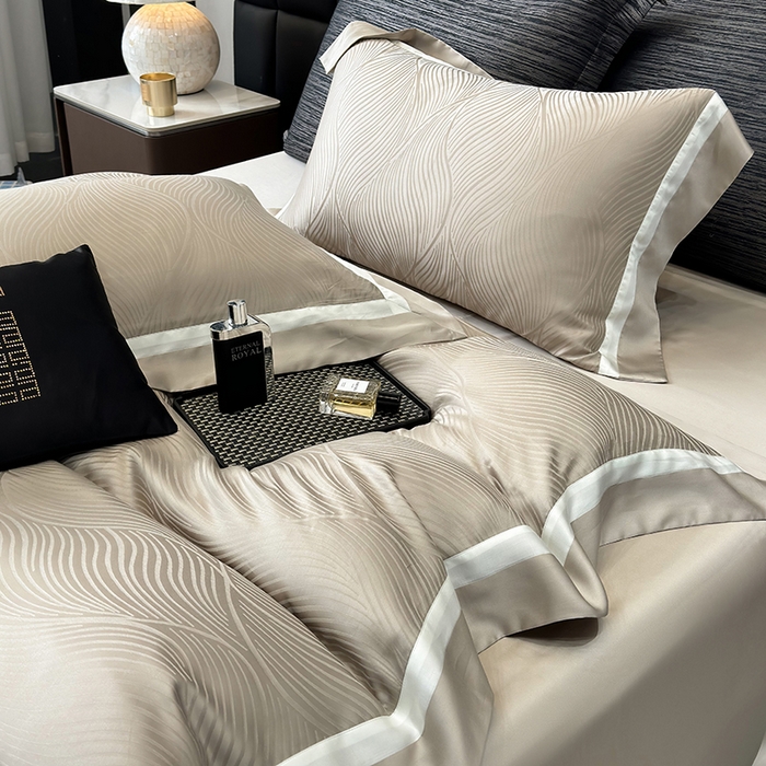 91家纺网 家纺一手货源 找家纺 若未家居 LOVEWE HOUSE 2025新款天丝提花套件撞色轻奢风四件套-天丝布拉格 天丝布拉格 香槟米