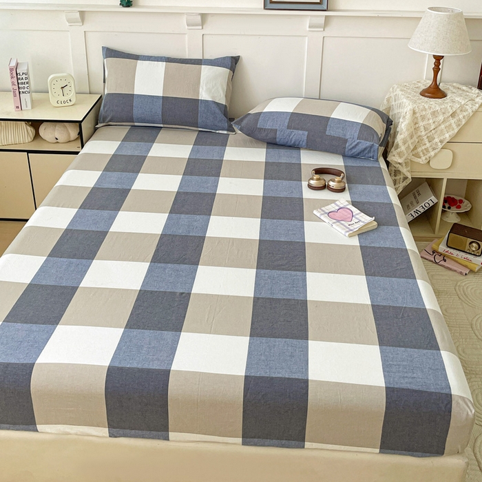 91家纺网 家纺一手货源 找家纺 2025新款全棉水洗棉套件-单床笠 蓝大格