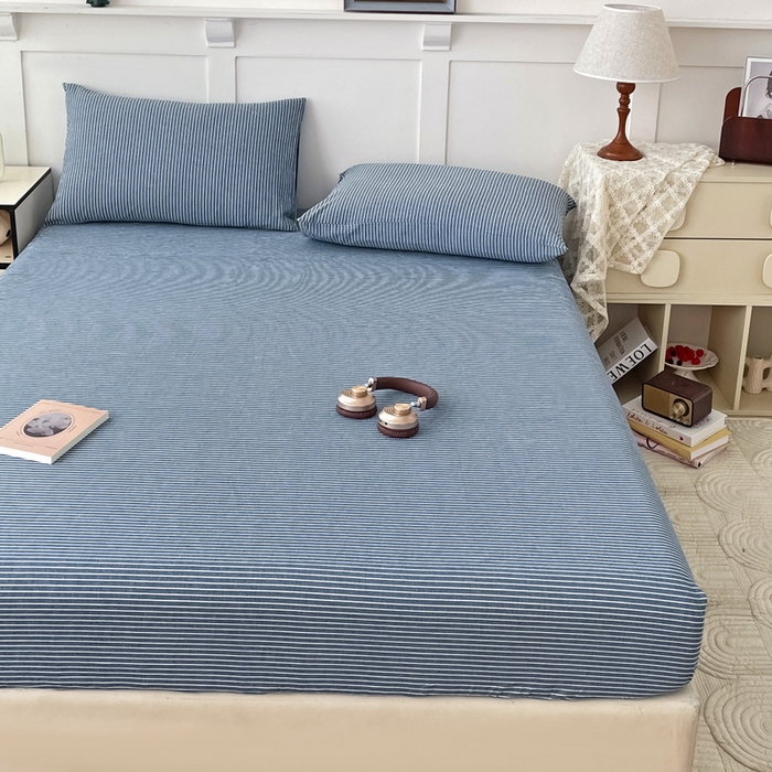 91家纺网 家纺一手货源 找家纺 2025新款全棉水洗棉套件-单床笠 蓝细条