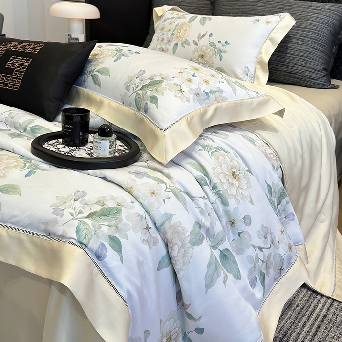 91家纺网 家纺一手货源 找家纺 若未家居 LOVEWE HOUSE 2025新款兰精天丝印花夏被及夏被四件套 白茶（床单款+床盖款）