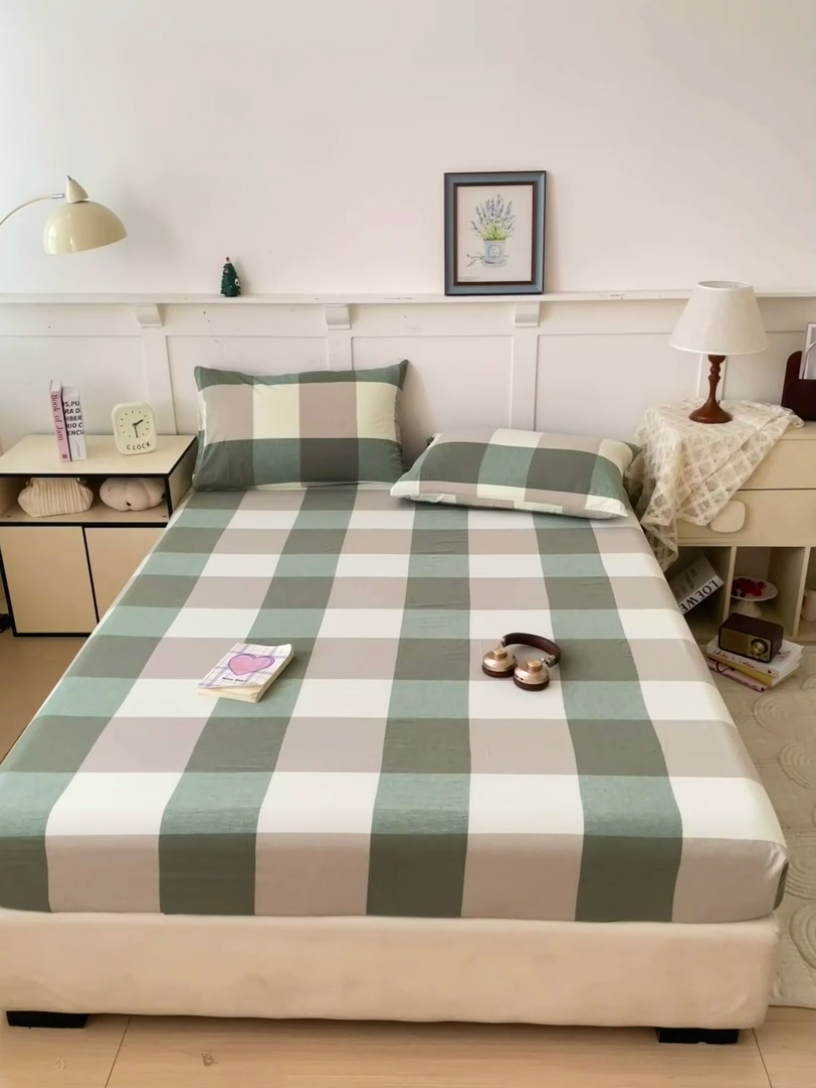 91家纺网 家纺一手货源 找家纺 2025新款全棉水洗棉套件-单床笠 绿大格