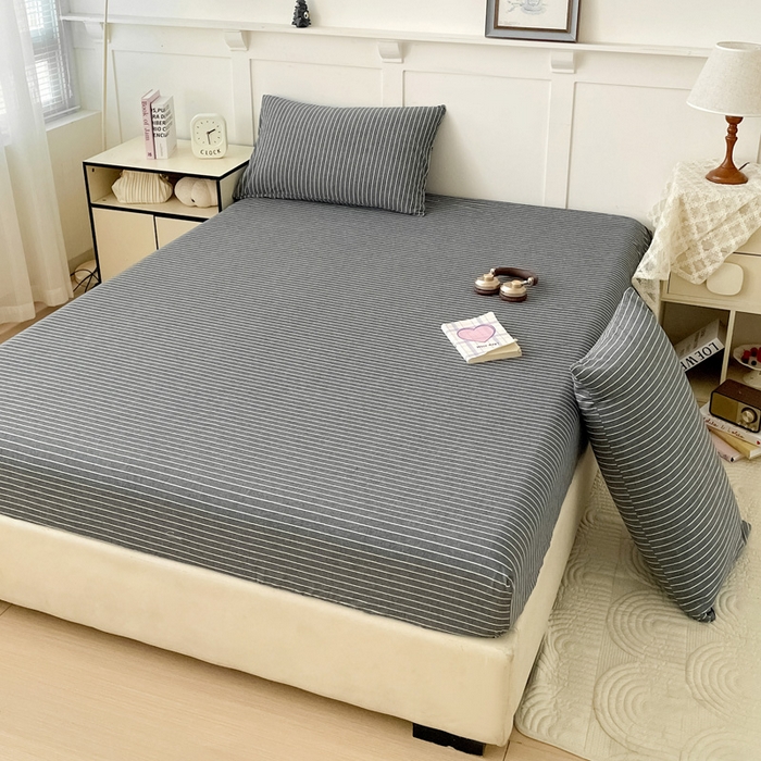 91家纺网 家纺一手货源 找家纺 2025新款全棉水洗棉套件-单床笠 灰细条
