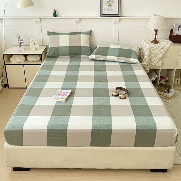 91家纺网 家纺一手货源 找家纺 2025新款全棉水洗棉套件-单床笠 绿大格