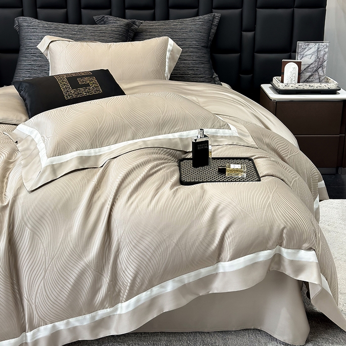 91家纺网 家纺一手货源 找家纺 若未家居 LOVEWE HOUSE 2025新款天丝提花套件撞色轻奢风四件套-天丝布拉格 天丝布拉格 香槟米