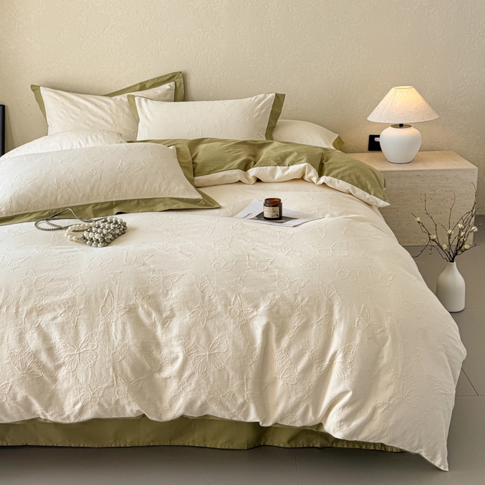 91家纺网 家纺一手货源 找家纺 若未家居 LOVEWE HOUSE 2025新款50S色织空气层水洗大提花全棉四件套 梦蝶-春日白