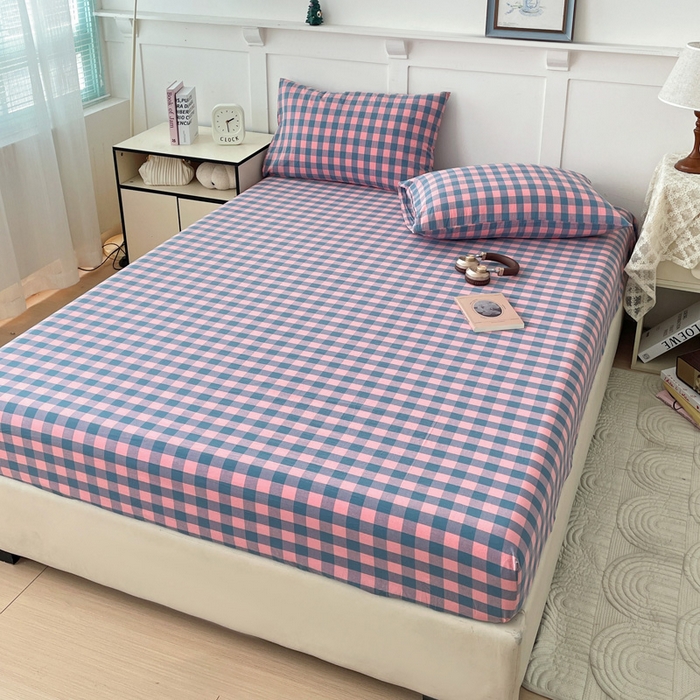 91家纺网 家纺一手货源 找家纺 2025新款全棉水洗棉套件-单床笠 粉灰小格