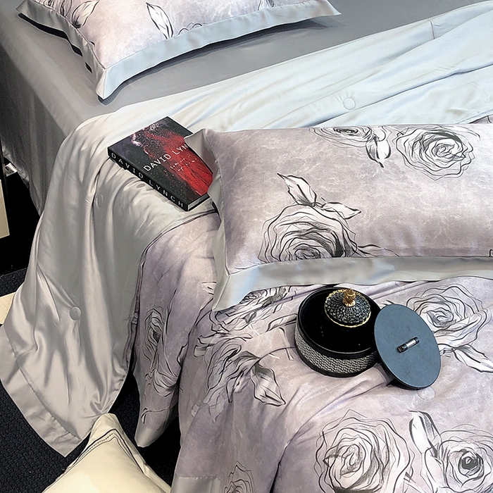 91家纺网 家纺一手货源 找家纺 若未家居 LOVEWE HOUSE 2025新款兰精天丝印花夏被及夏被四件套 叶罗丽玫瑰 灰（床单款+床盖款）
