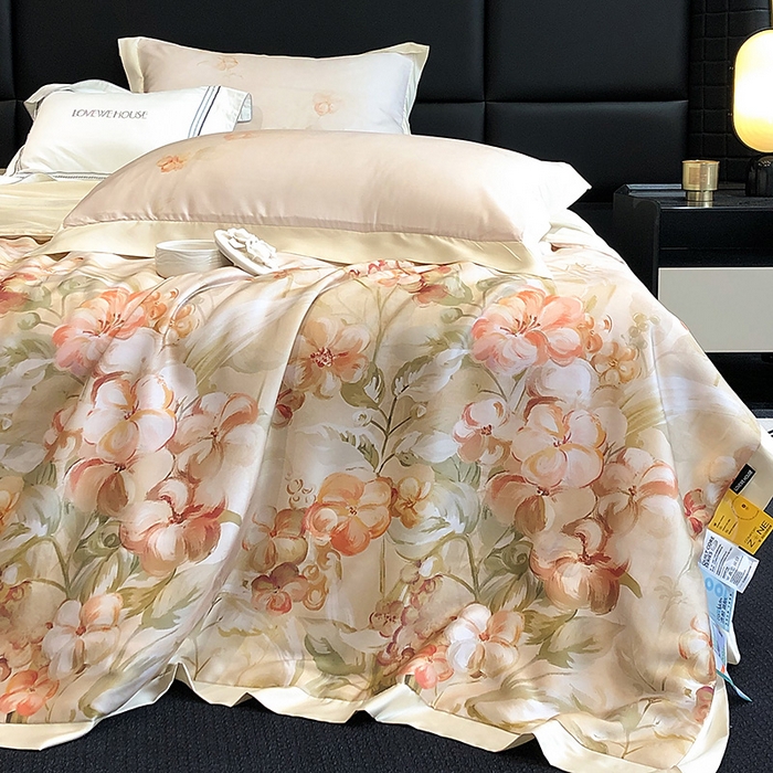 91家纺网 家纺一手货源 找家纺 若未家居 LOVEWE HOUSE 2025新款兰精天丝印花夏被及夏被四件套 花西子 米（床单款+床盖款）