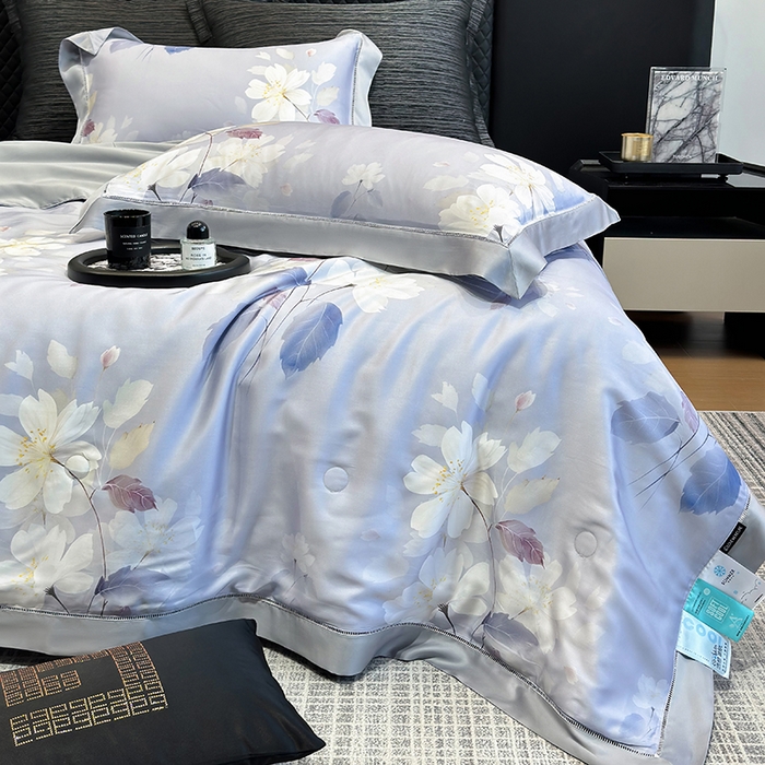 91家纺网 家纺一手货源 找家纺 若未家居 LOVEWE HOUSE 2025新款兰精天丝印花夏被及夏被四件套 紫郁气氛（床单款+床盖款）