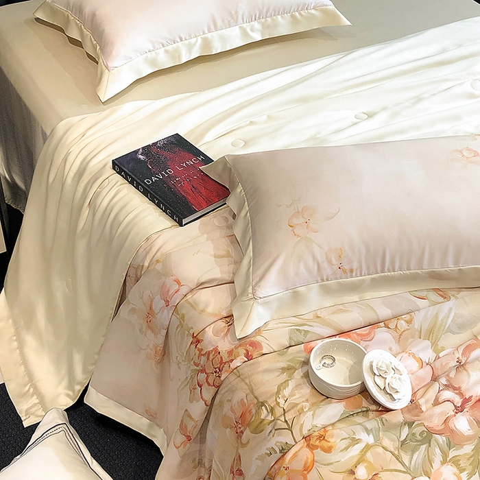 91家纺网 家纺一手货源 找家纺 若未家居 LOVEWE HOUSE 2025新款兰精天丝印花夏被及夏被四件套 花西子 米（床单款+床盖款）