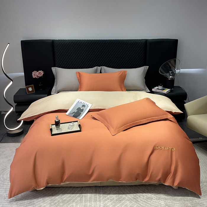 91家纺网 家纺一手货源 找家纺 皇寝世家家居 2025新款全棉纯棉A类100s长绒棉四件套刺绣绣花纯色贡缎床单款-诗雅 诗雅-活力橙