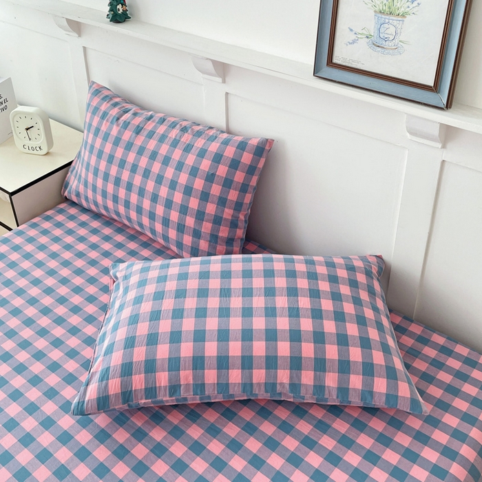 91家纺网 家纺一手货源 找家纺 2025新款全棉水洗棉套件-单床笠 粉灰小格