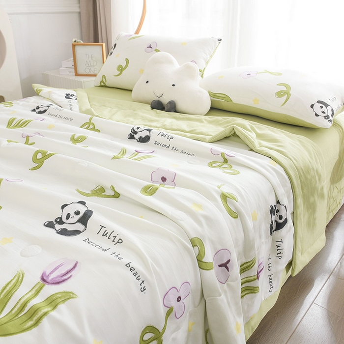 91家纺网 家纺一手货源 找家纺 红日子纺织品 2025新款棉麻夏被四件套 快乐熊猫