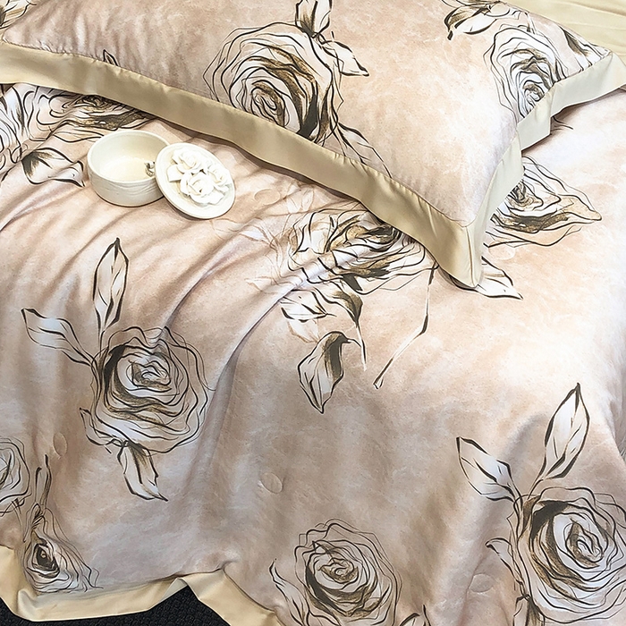 91家纺网 家纺一手货源 找家纺 若未家居 LOVEWE HOUSE 2025新款兰精天丝印花夏被及夏被四件套 叶罗丽玫瑰 米（床单款+床盖款）