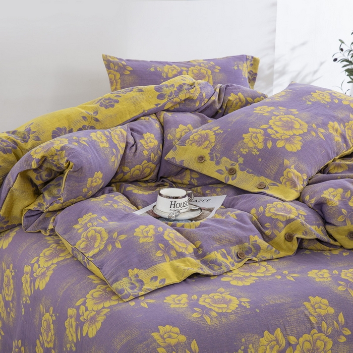 91家纺网 家纺一手货源 找家纺 2025新款全棉色织双层纱纽扣款四件套 云纱-浅紫