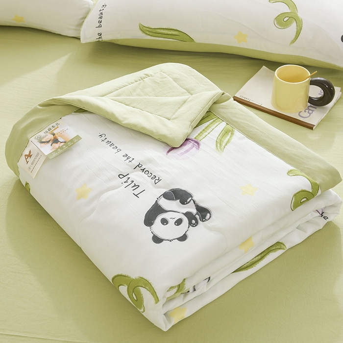 91家纺网 家纺一手货源 找家纺 红日子纺织品 2025新款棉麻夏被四件套 快乐熊猫